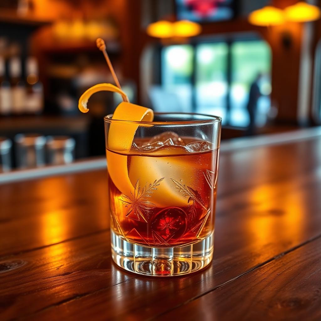 Bourbon old fashioned cocktail with orange peel