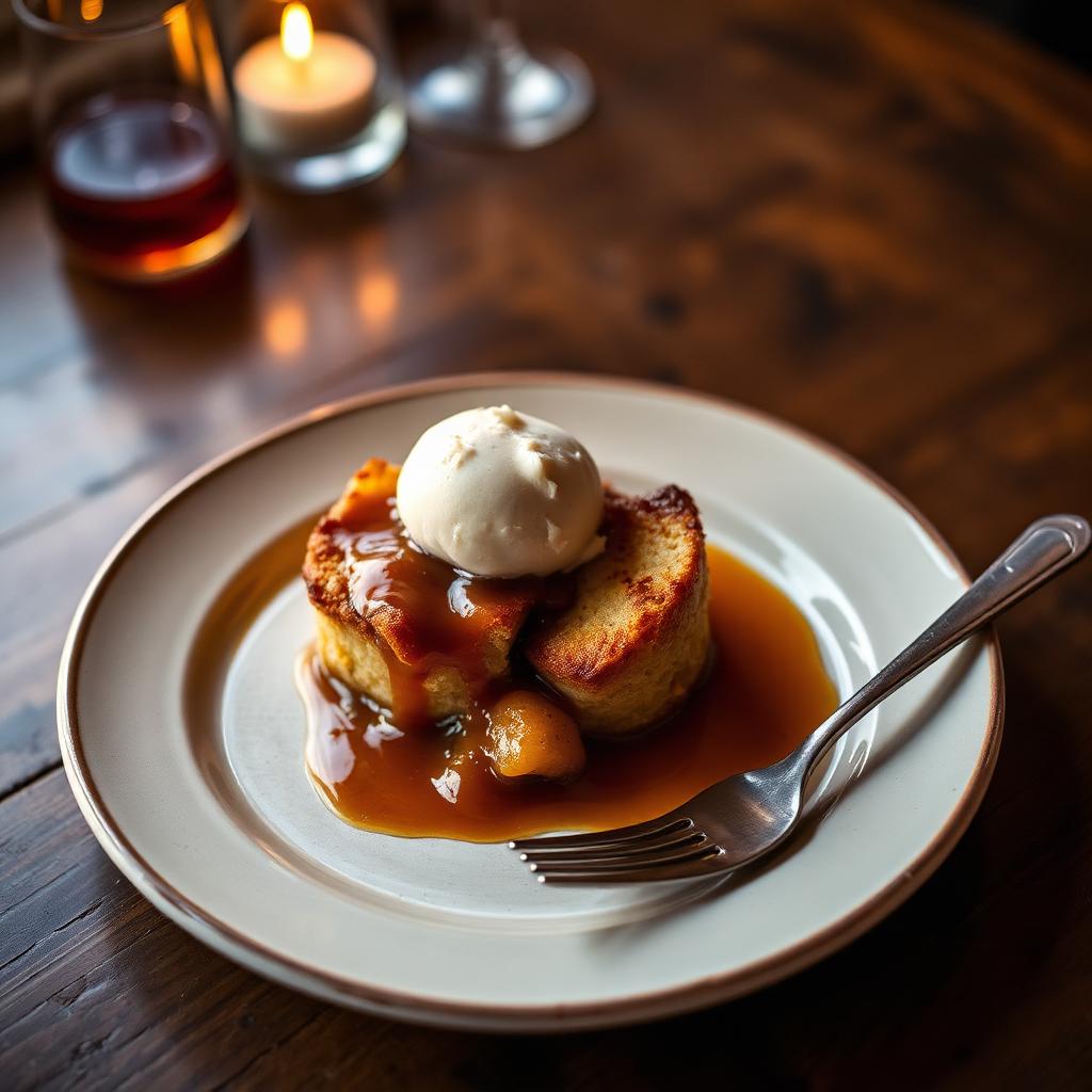 Warm bread pudding with bourbon caramel sauce