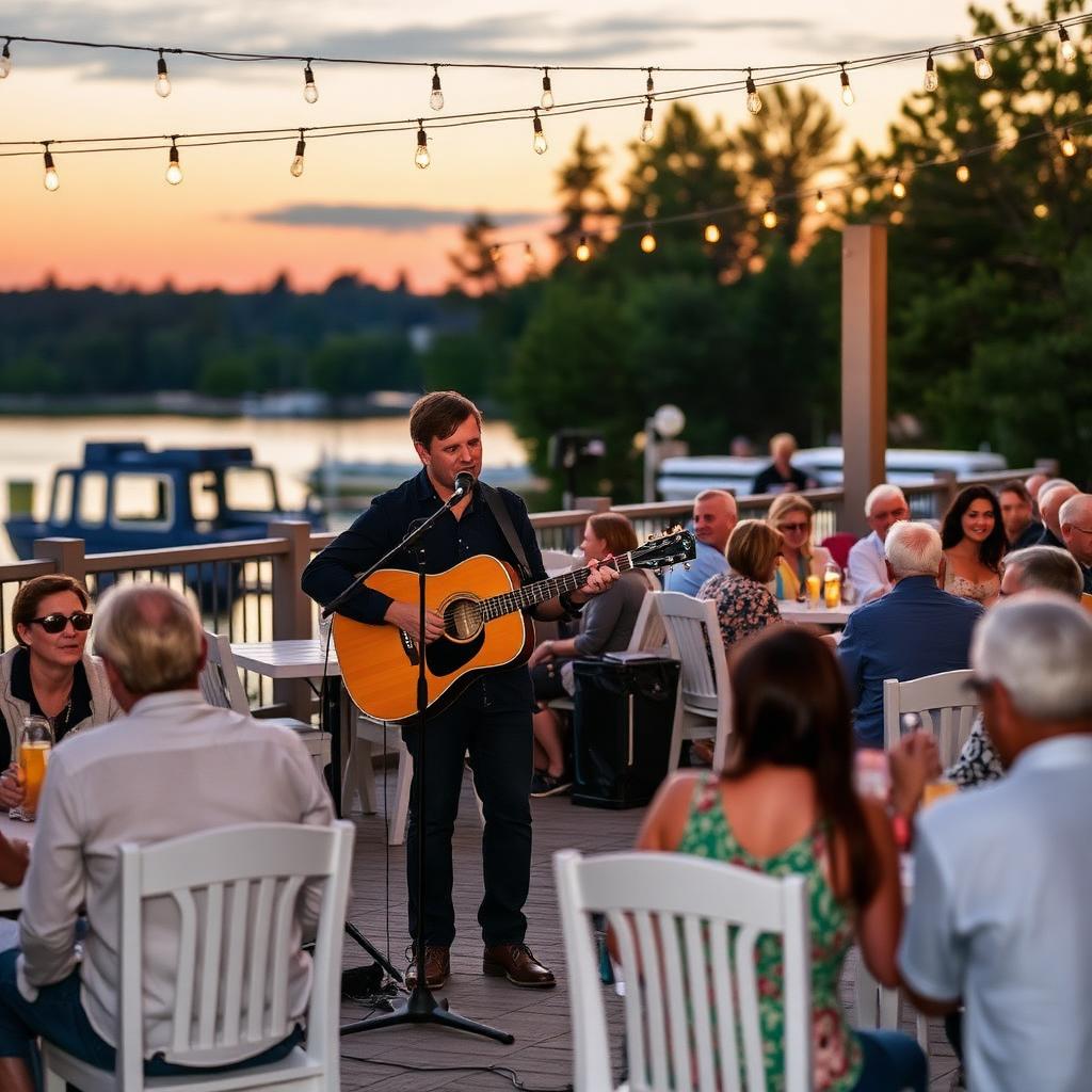 Acoustic guitarist performing live on the patio at sunset