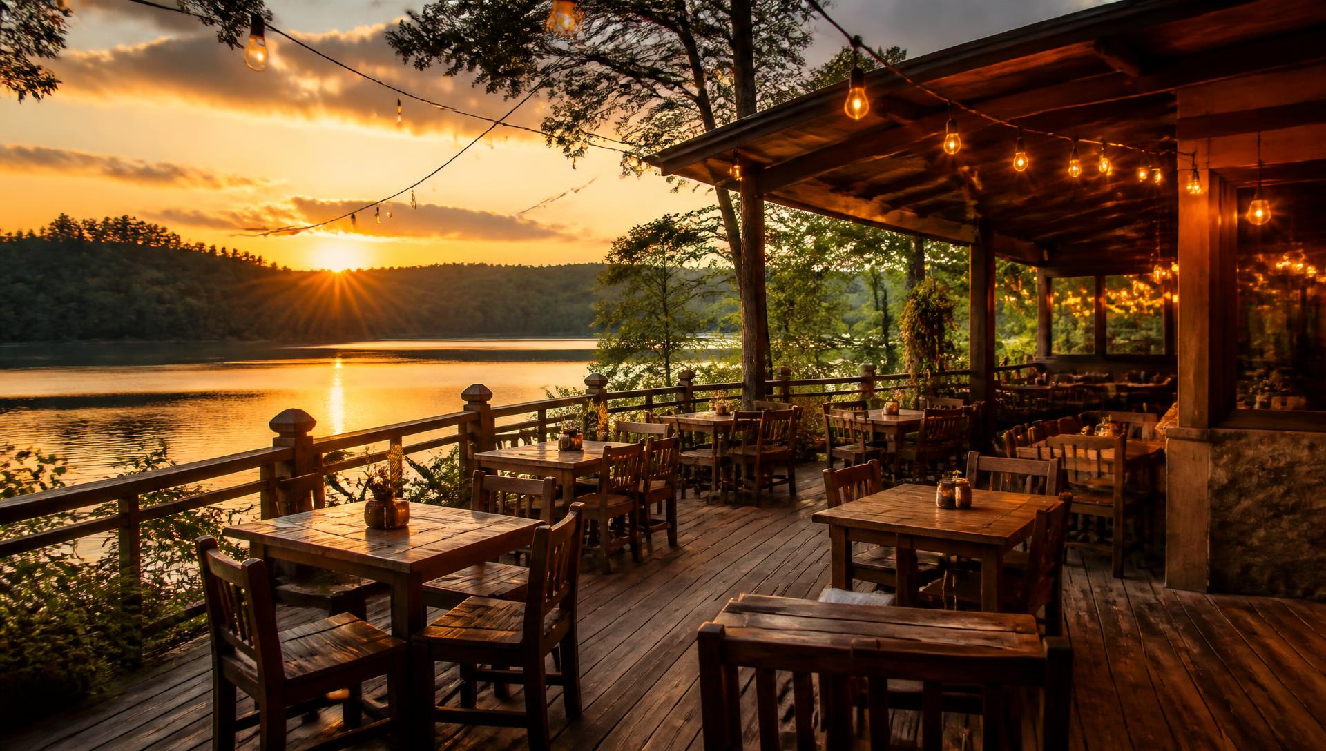 Lakeside patio deck with string lights at sunset over the cove
