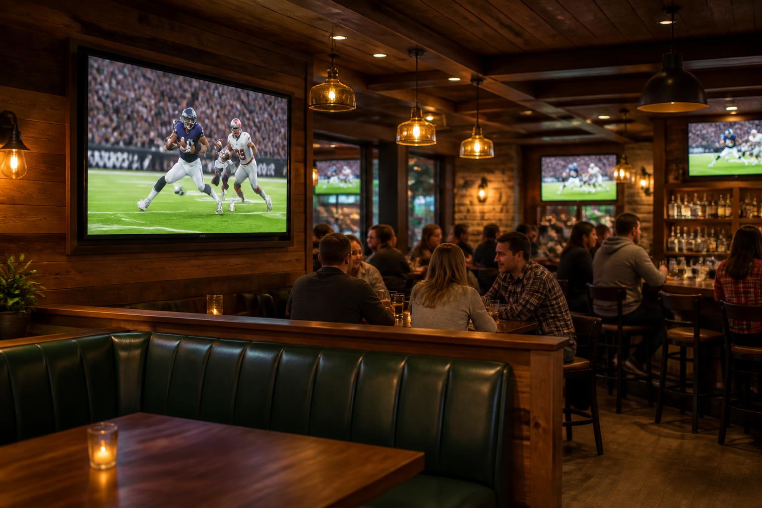 Cozy bar and grill interior with green booths and big-screen sports